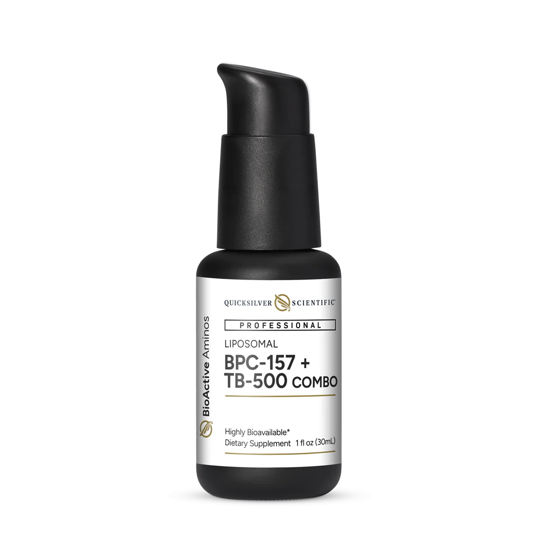 QUICKSILVER Oral Liposomal BPC-157+TB-500 1 fl oz bottle showing product packaging and size