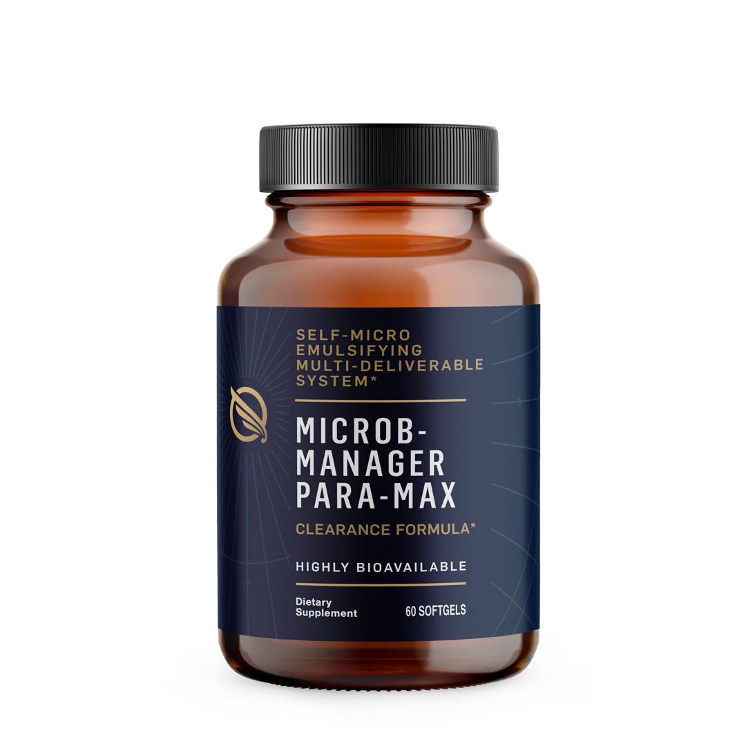 QUICKSILVER Microb-Manager Para-Max 60 Softgels bottle showing digestive and gut-supporting nutrients with serving info