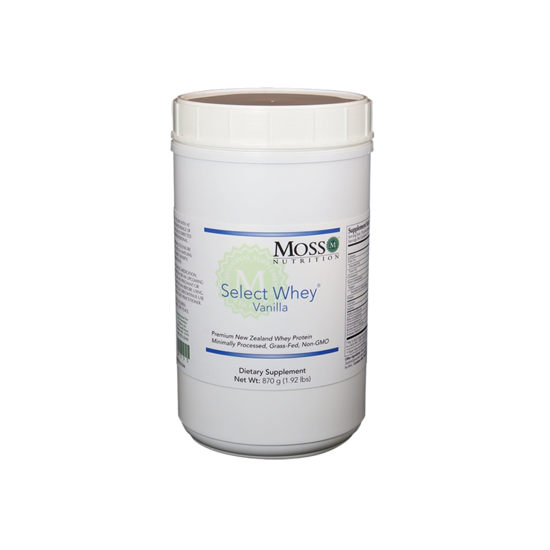 Moss Nutrition Select Whey Vanilla protein supplement