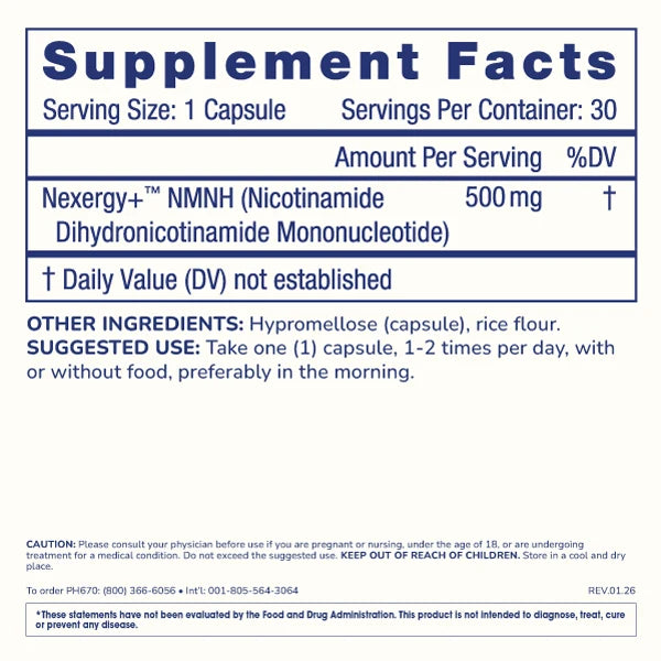 ProHealth Essentials NMNH 500 - Nexergy+™ NMNH - 500 mg, 30 capsules
