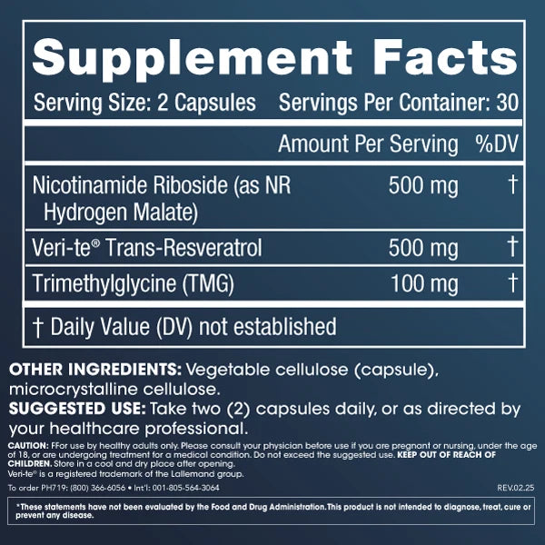 ProHealth Nicotinamide Riboside Pro Complete - 500 mg NR Hydrogen Malate + 500 mg Trans-Resveratrol + 250 mg TMG per serving, 60 capsules