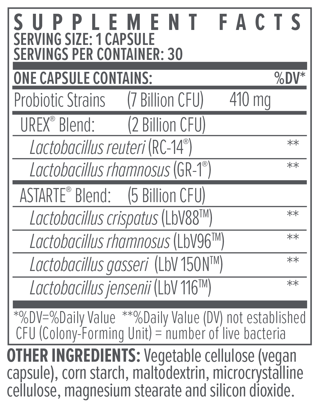 Biote vH Balance 30 Capsules supplement facts panel detailing probiotic strains, vaginal health–supporting ingredients, serving size, and usage directions