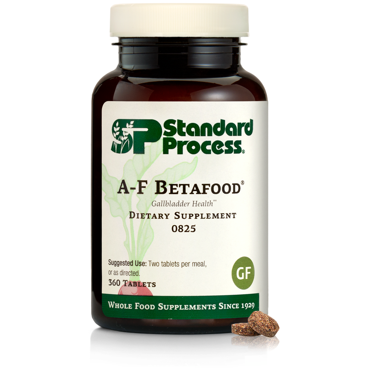 Standard Process A-F Betafood bottle displaying supplement label and branding
