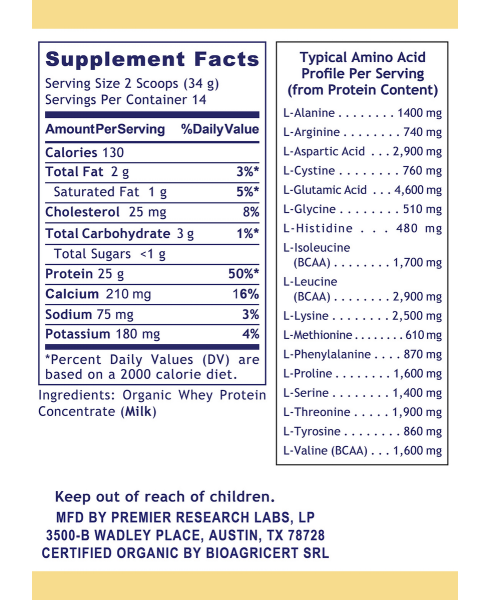 Premier Research Labs Whey Protein Premier bottle showing supplement packaging and branding