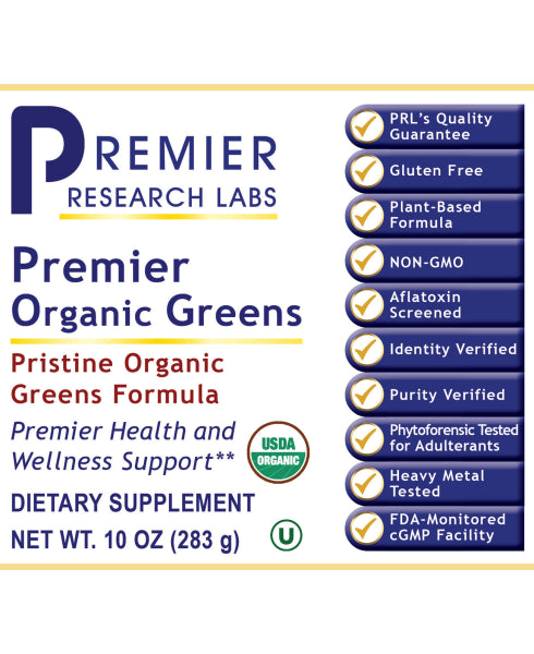 Premier Research Labs Organic Greens Premier powder packaging showing supplement branding and design