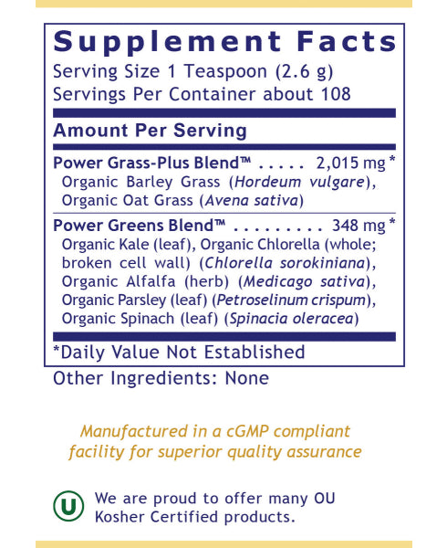 Premier Research Labs Organic Greens Premier powder label showing supplement facts and usage information