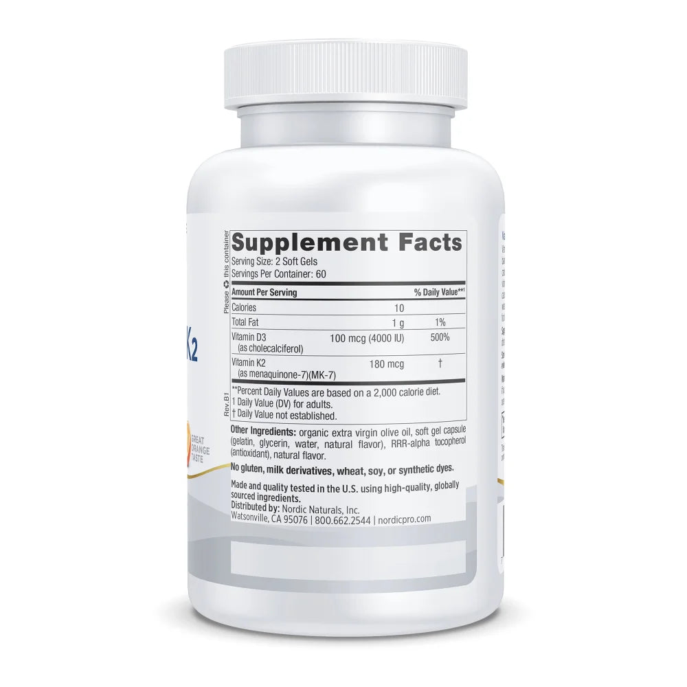 Nordic Naturals Vitamin D3 plus K2 label showing supplement facts and usage information