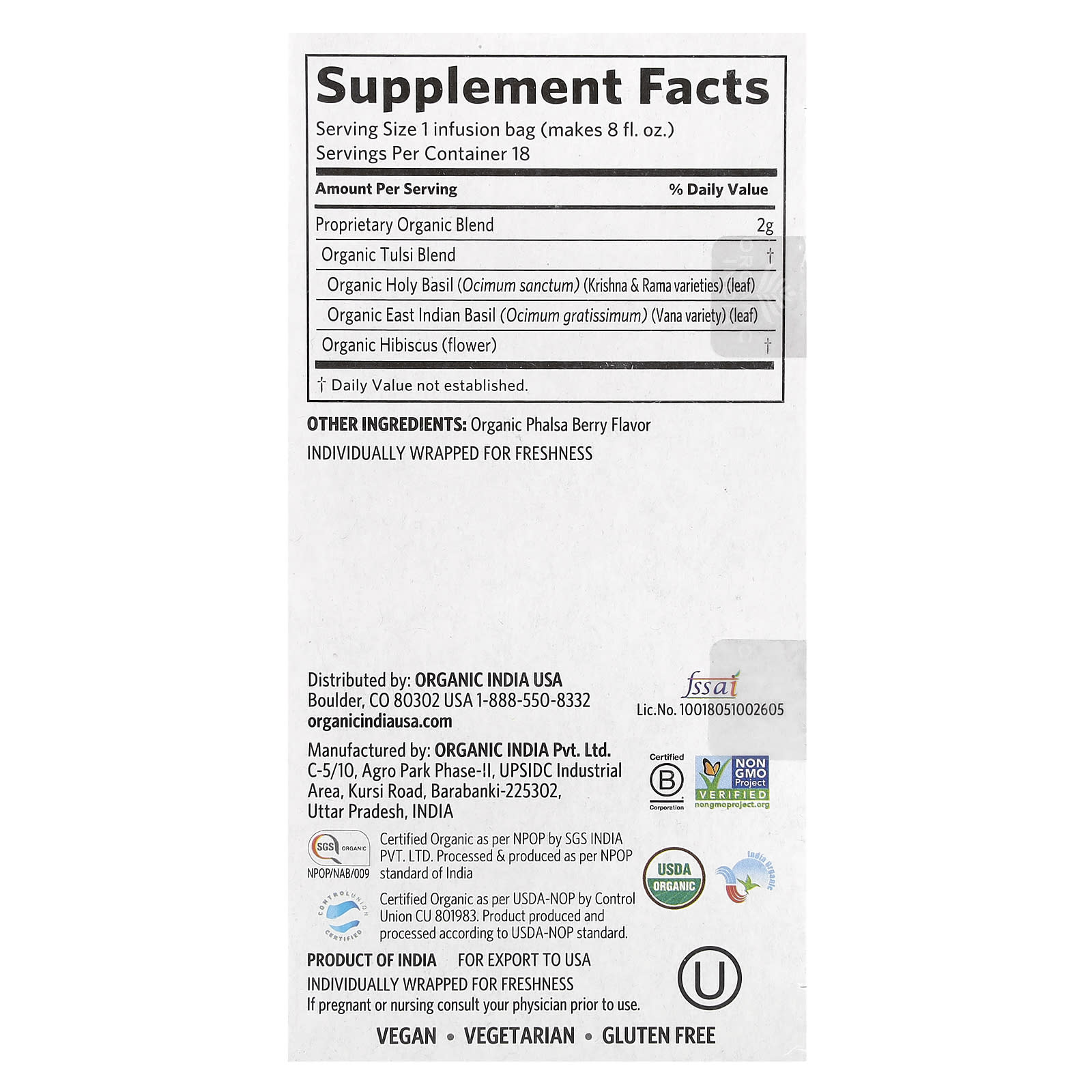 ORGANIC INDIA  Tulsi Hibiscus 18 Bags