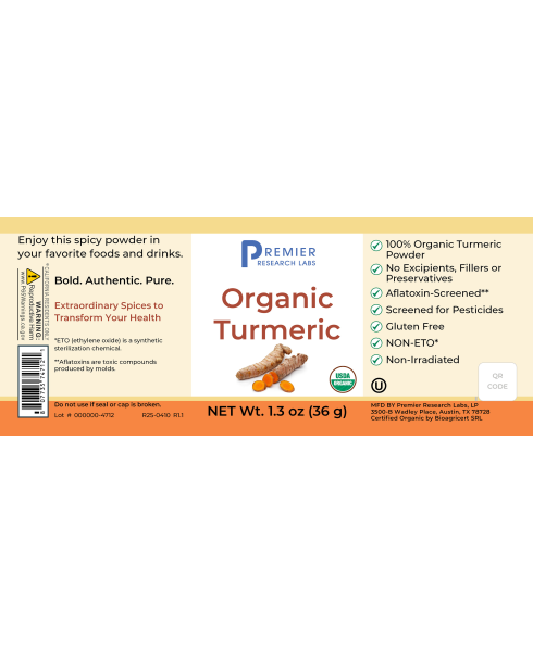 Premier Research Labs Organic Turmeric Spice Powder packaging showing product branding and design