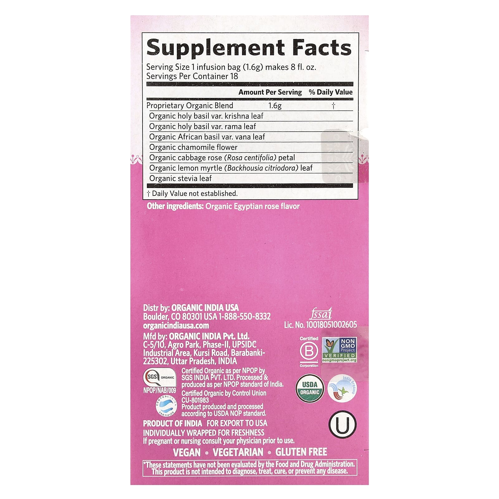 ORGANIC INDIA  Tulsi Sweet Rose 18 Bags