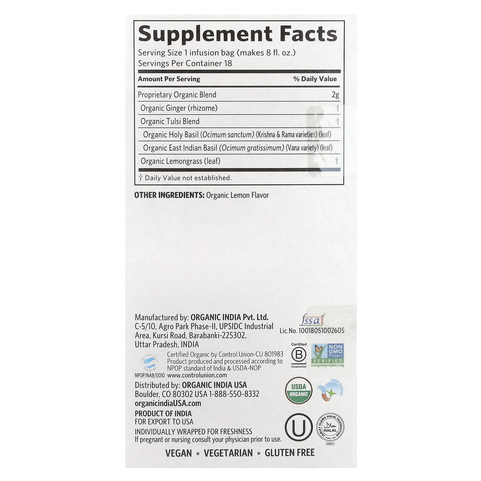 ORGANIC INDIA  Tulsi Lemon Ginger 18 Bags