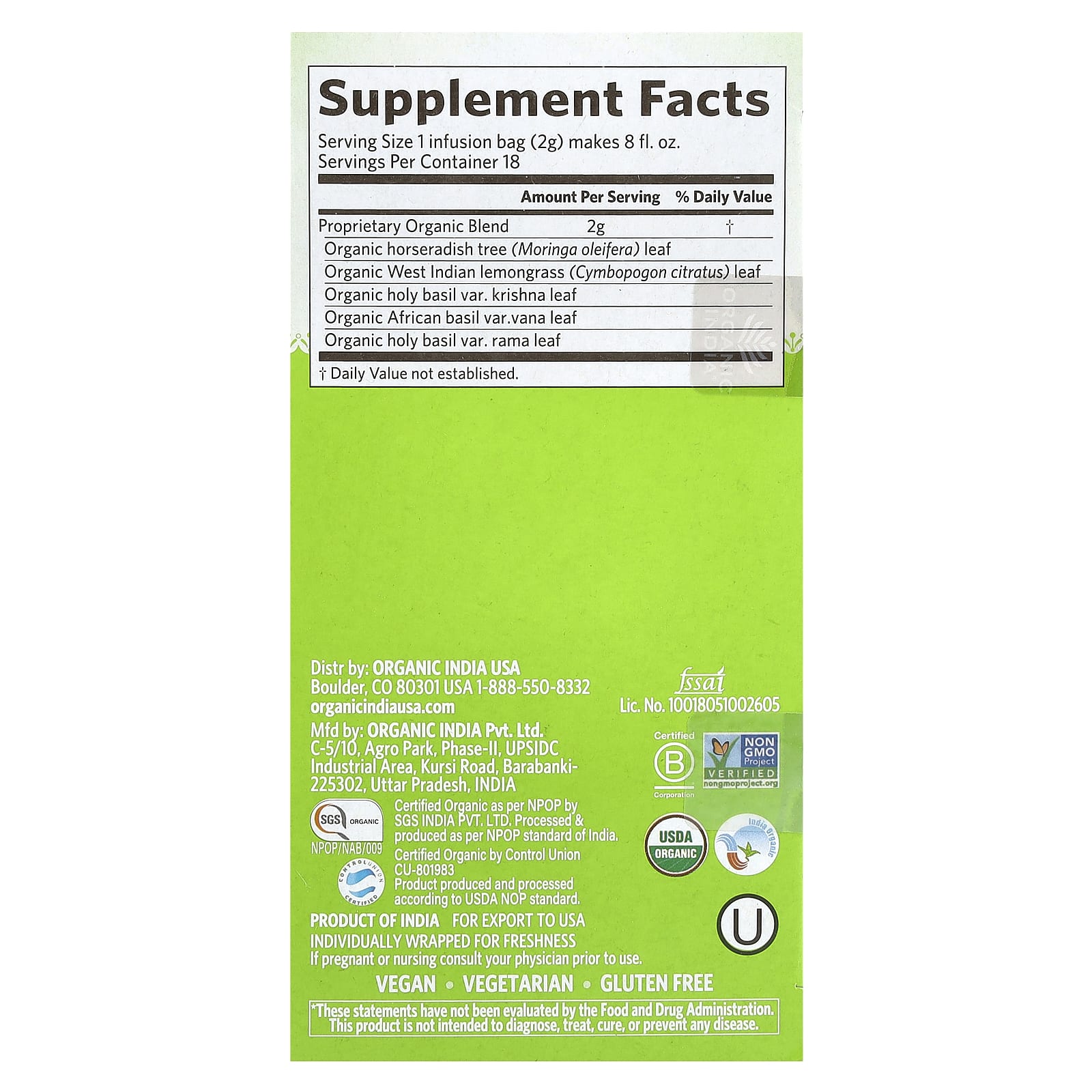 ORGANIC INDIA  Tulsi Moringa 18 Bags