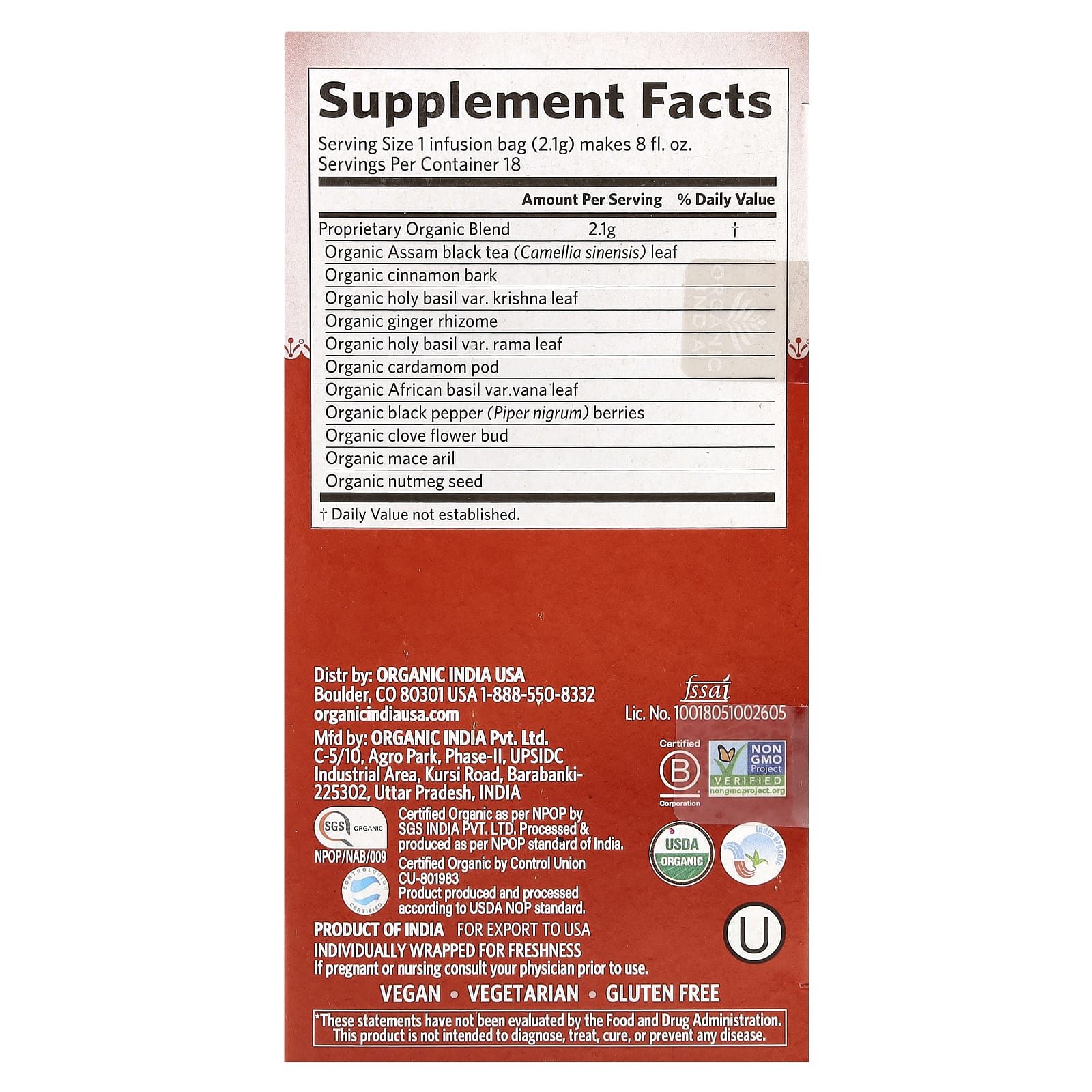 ORGANIC INDIA  Tulsi Masala Chai 18 Bags