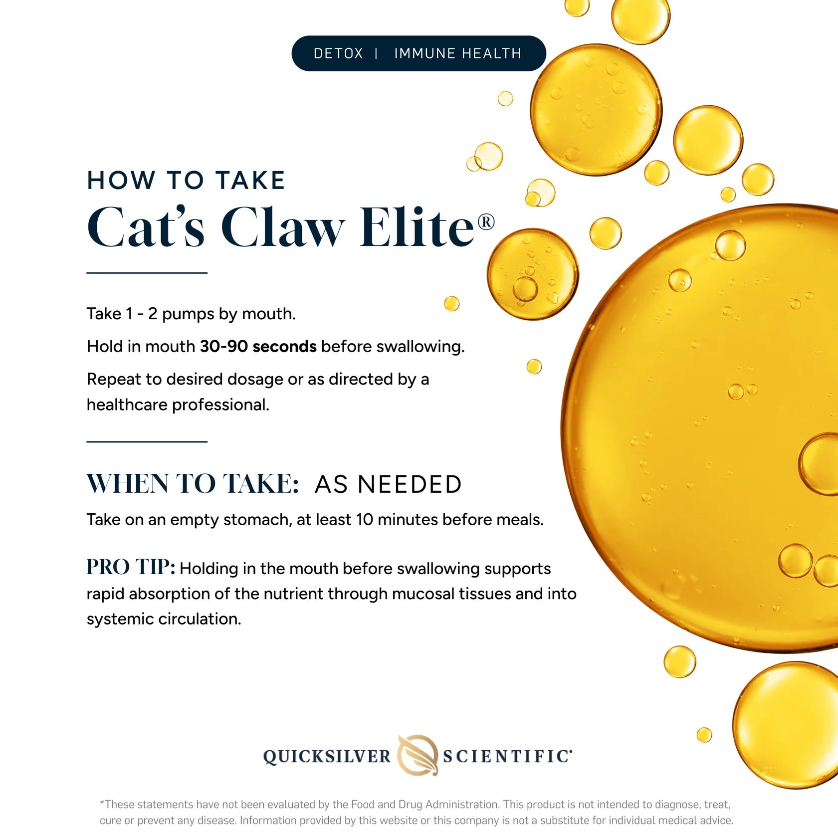 QUICKSILVER Cat’s Claw Elite® label outlining herbal supplement facts and recommended use