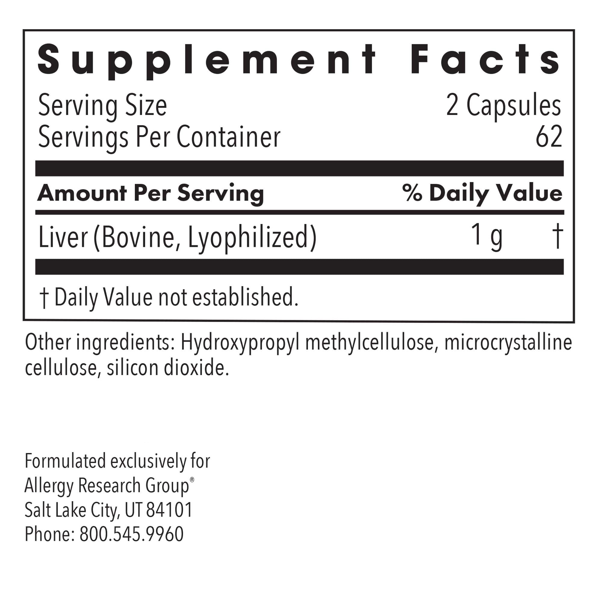 Allergy Research Group Liver Beef bottle displaying glandular supplement packaging