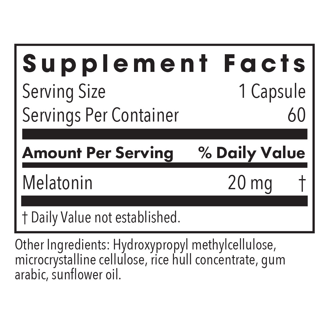 Allergy Research Group Melatonin 20 mg bottle displaying sleep supplement packaging