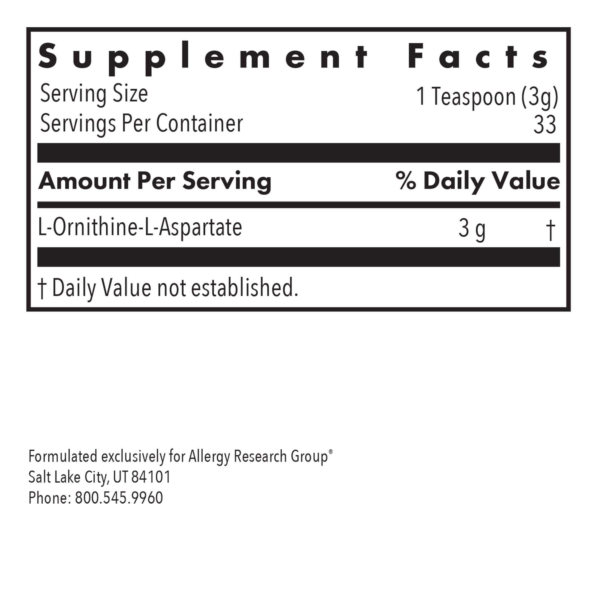 Allergy Research Group L-Ornithine L-Aspartate bottle displaying supplement packaging