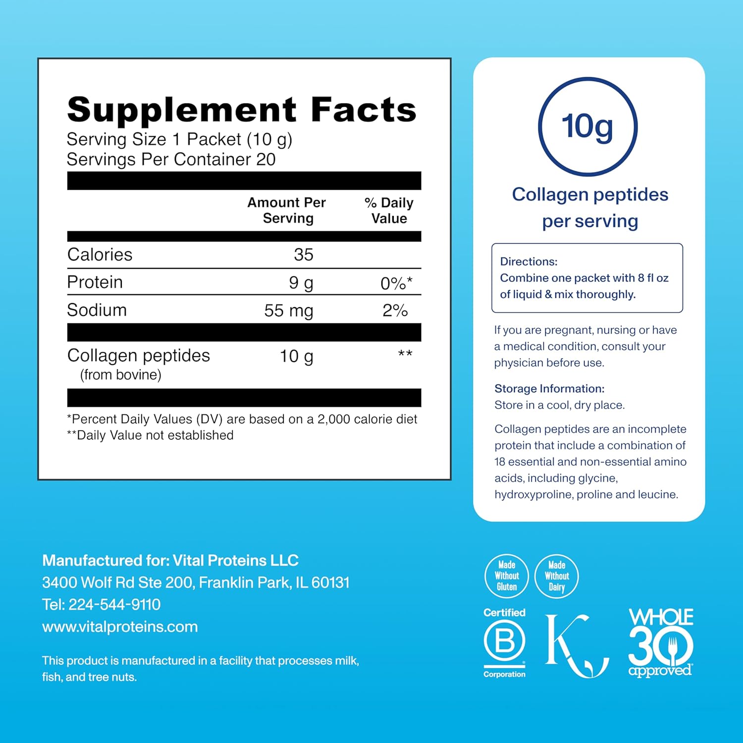 VITAL PROTEINS Collagen Peptides Stick Pack Box 20 Servings