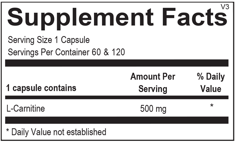Ortho Molecular L-Carnitine label with carnitine strength & usage details