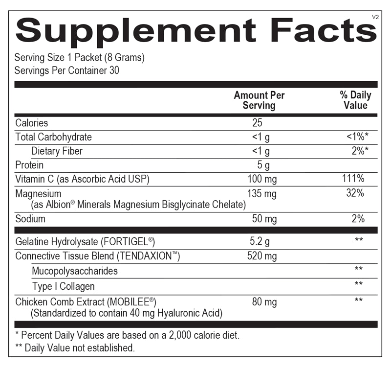 Ortho Molecular Collagen Stick Packs label with collagen peptides & serving information