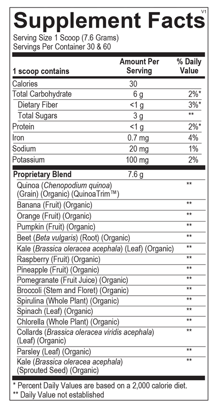 Ortho Molecular Indigo Greens Powder label with superfood blend & nutritional details
