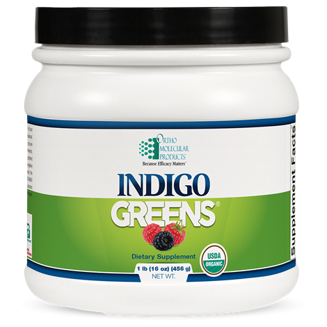 Ortho Molecular Indigo Greens Powder label with superfood blend & nutritional details