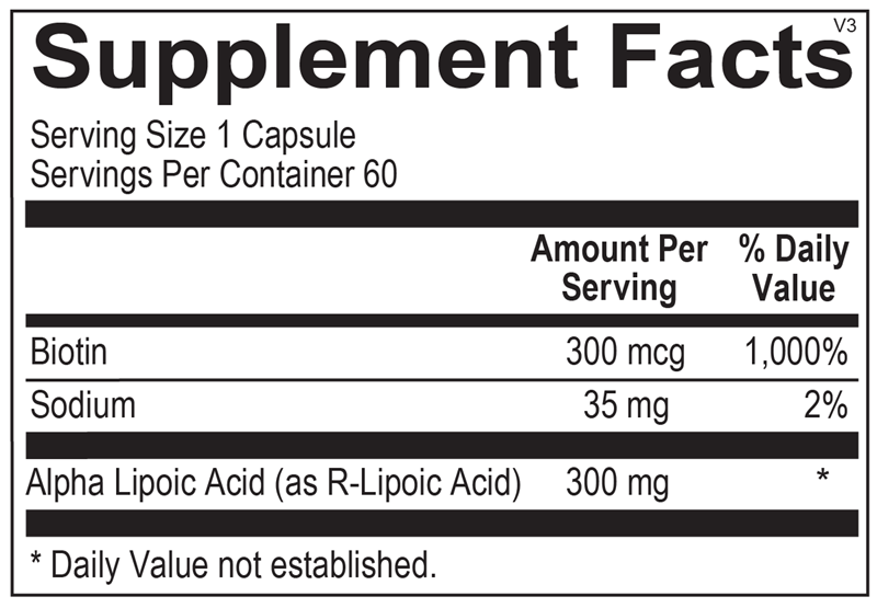 Ortho Molecular Lipoic Acid 300 mg label with alpha-lipoic acid potency & dosage