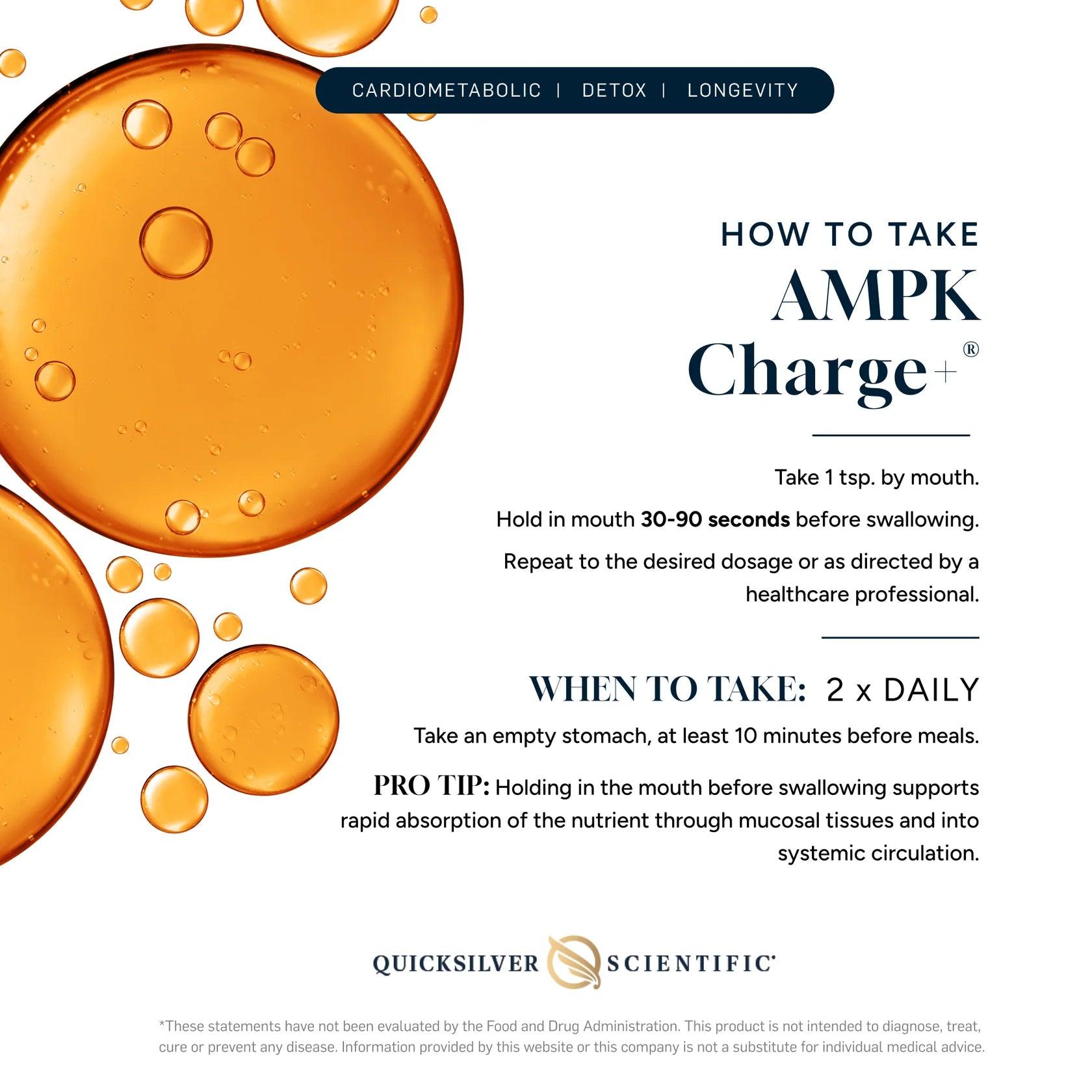QUICKSILVER AMPK Charge+ supplement facts label showing metabolic-support ingredients and serving information
