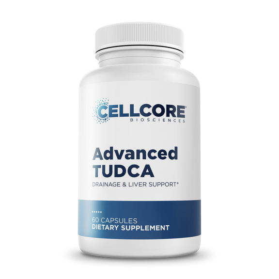 CellCore Biosciences Advanced TUDCA label displaying TUDCA content and recommended dosage instructions