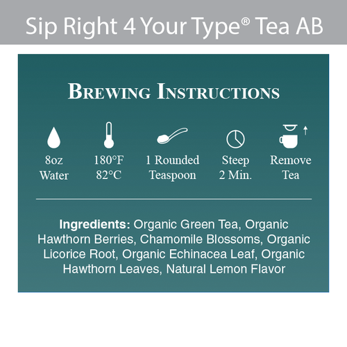 D’Adamo Personalized Nutrition Sip Right 4 Your Type Tea Blood Type AB packaging showing herbal blend and preparation directions