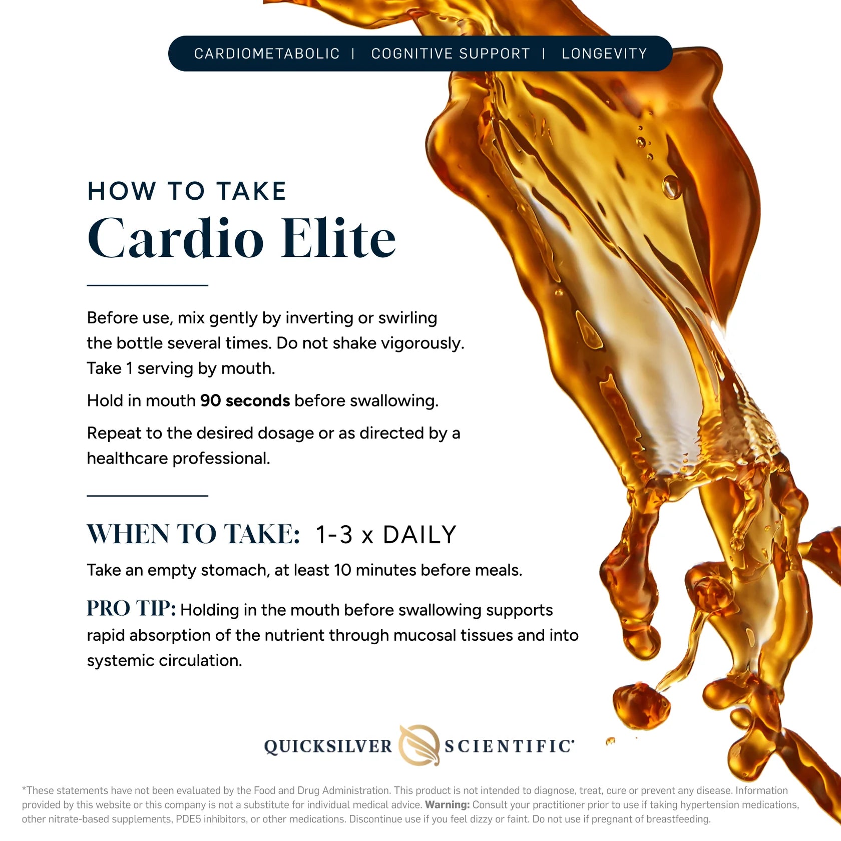 QUICKSILVER Cardio Elite 10.14 fl oz label showing cardiovascular support supplement facts and ingredient breakdown