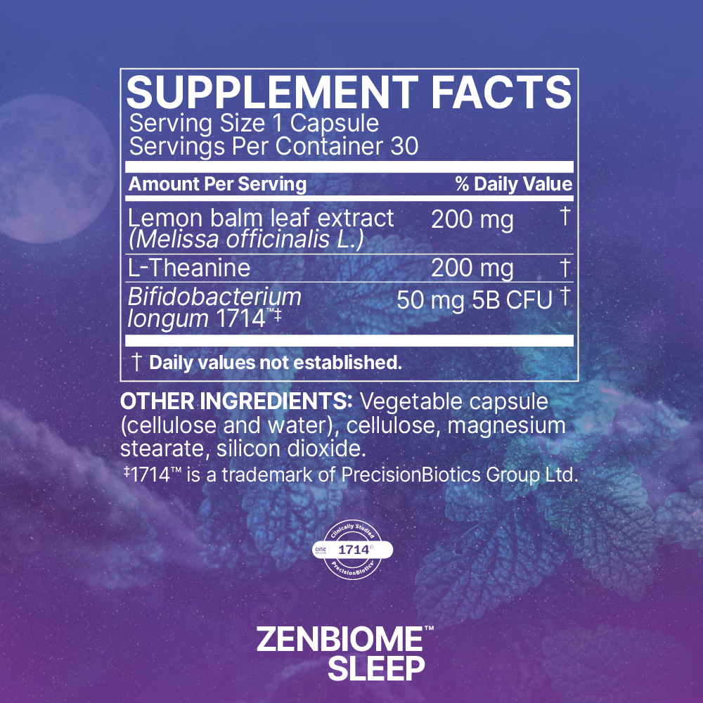 Microbiome Labs Zenbiome Sleep label with active probiotic strains & dosage