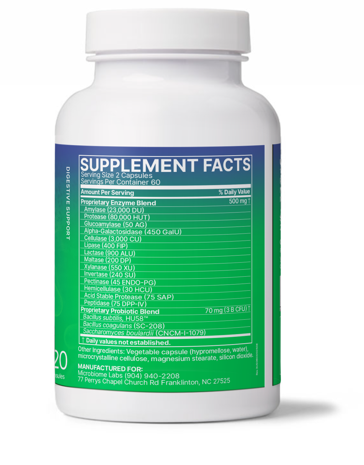 Microbiome Labs DigestMate label with enzyme content & dosage