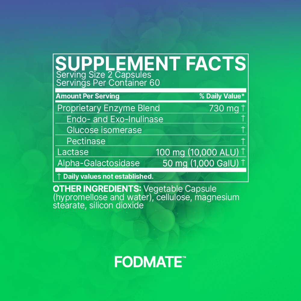 Microbiome Labs FODMATE label with enzyme content & dosage