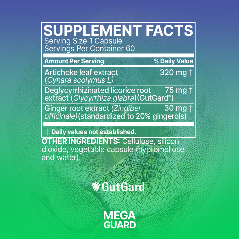 Microbiome Labs MegaGuard label with probiotic & digestive enzyme details