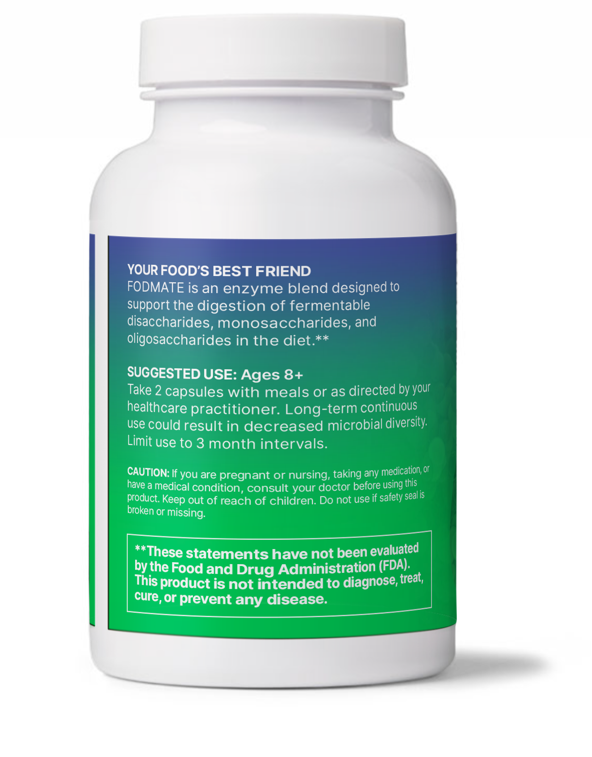 Microbiome Labs FODMATE bottle showing branding and size