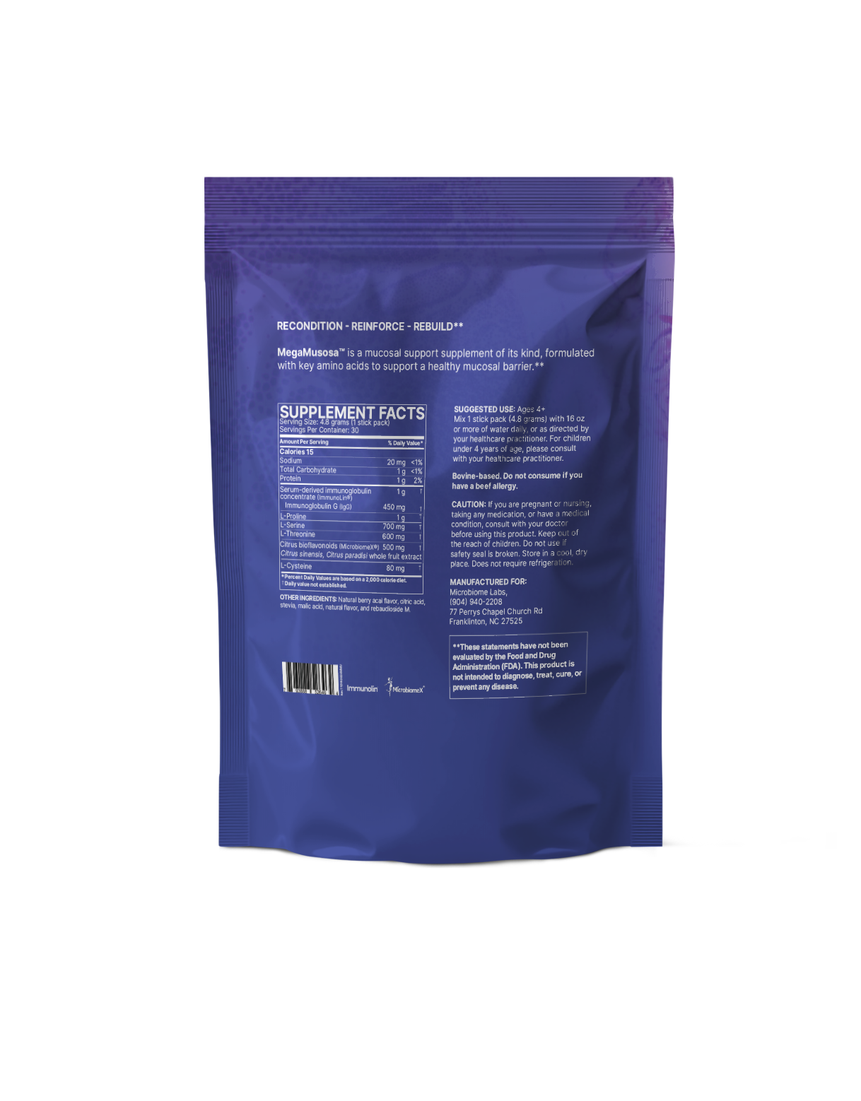 Microbiome Labs MegaMucosa stick packs supplement facts & ingredients