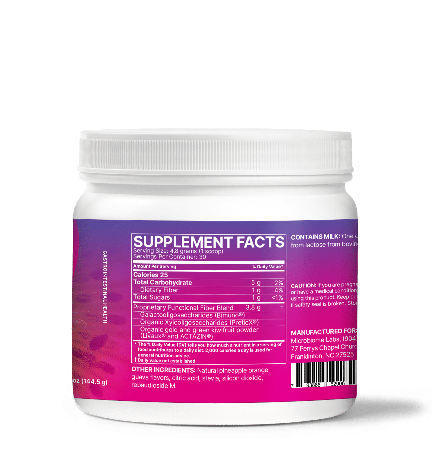 Microbiome Labs MegaPre powder container back label