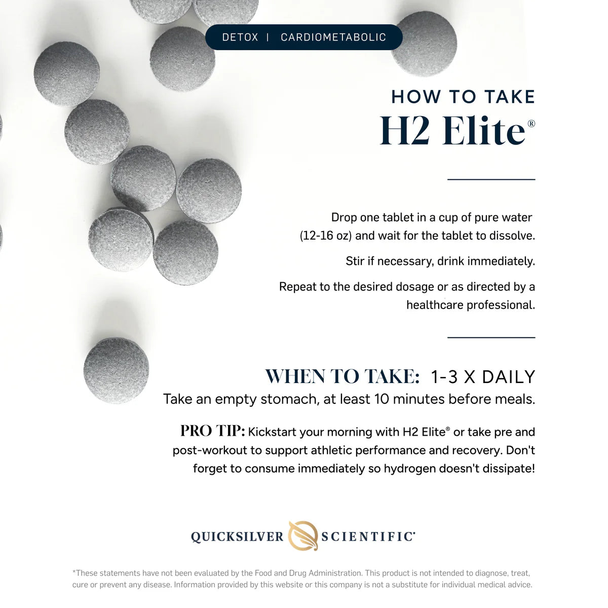 QUICKSILVER H2 Elite 60 Tablets label displaying antioxidant-supporting ingredients, amounts, and serving instructions