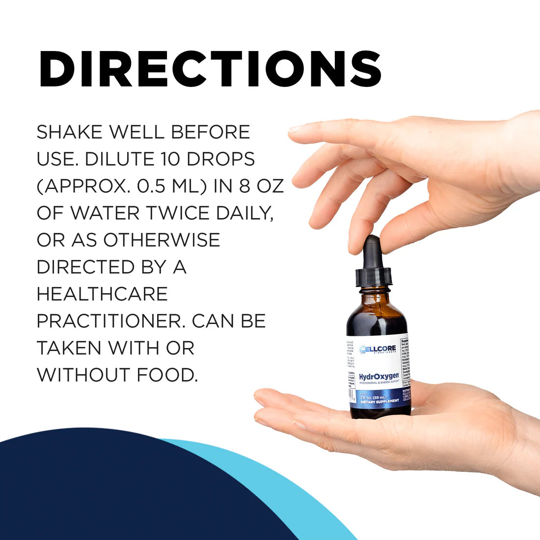 CellCore Biosciences Hydroxygen label displaying active compounds and dosage instructions for hydration and antioxidant support