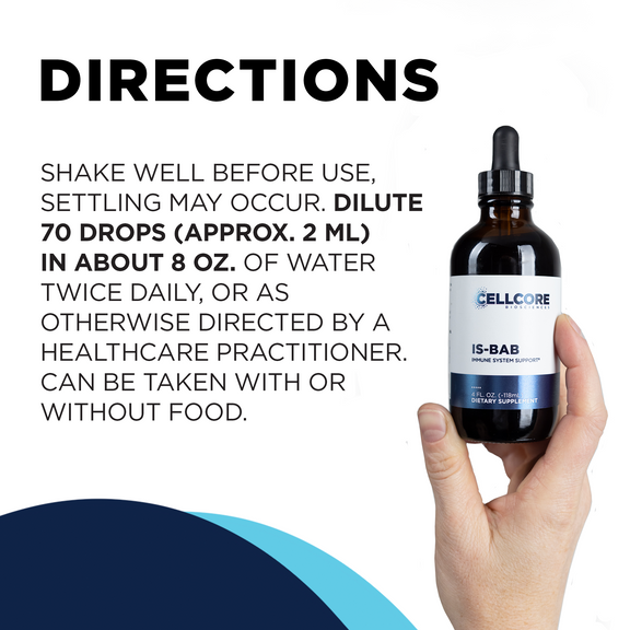 CellCore Biosciences IS-BAB label displaying active ingredients and dosage instructions for immune support