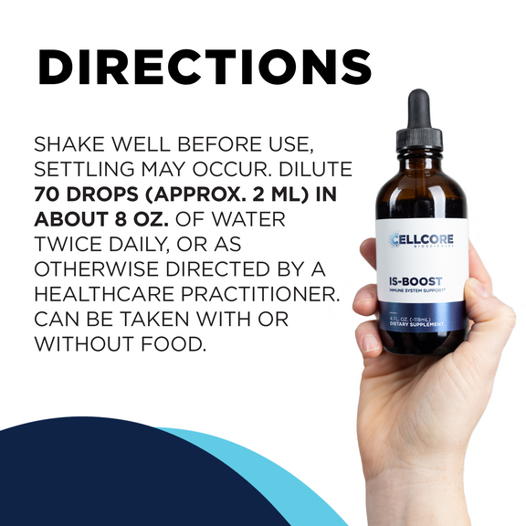 CellCore Biosciences IS-BOOST label displaying immune-support ingredients and usage instructions