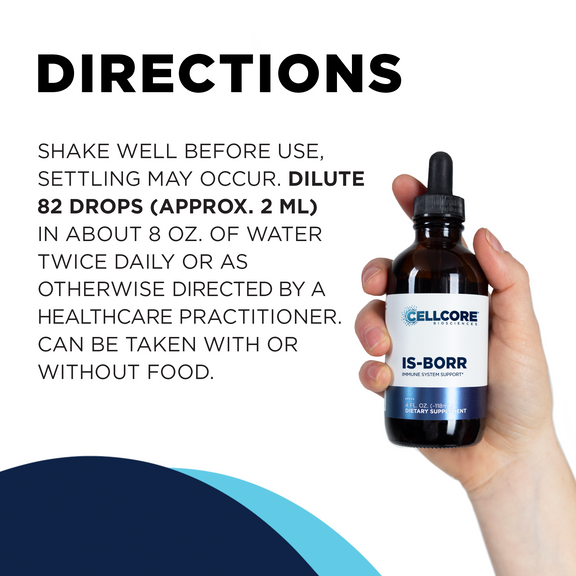 CellCore Biosciences IS-BORR label showing active compounds and dosage instructions for microbial balance