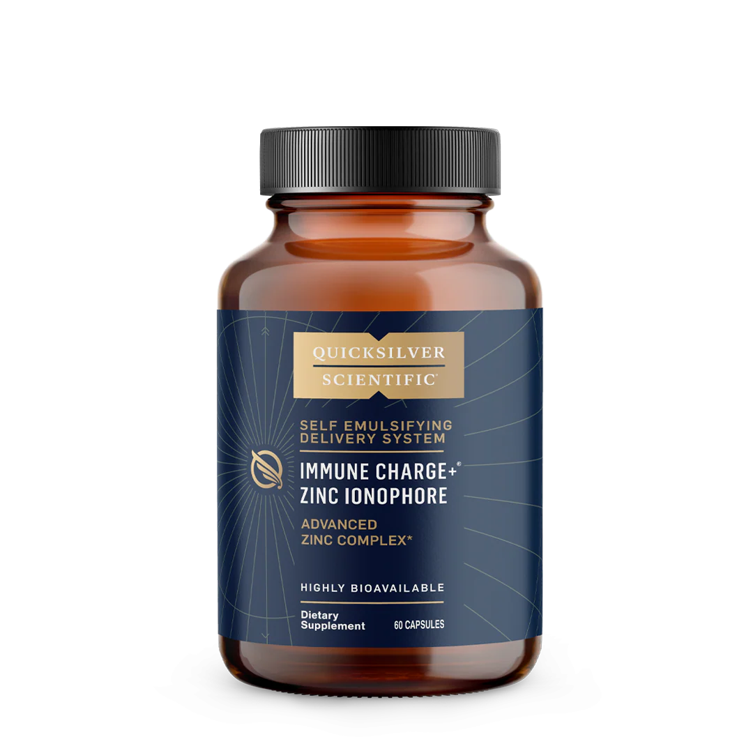 QUICKSILVER Immune Charge+® Zinc Ionophore 60 Capsules bottle showing immune-supporting nutrients with serving information