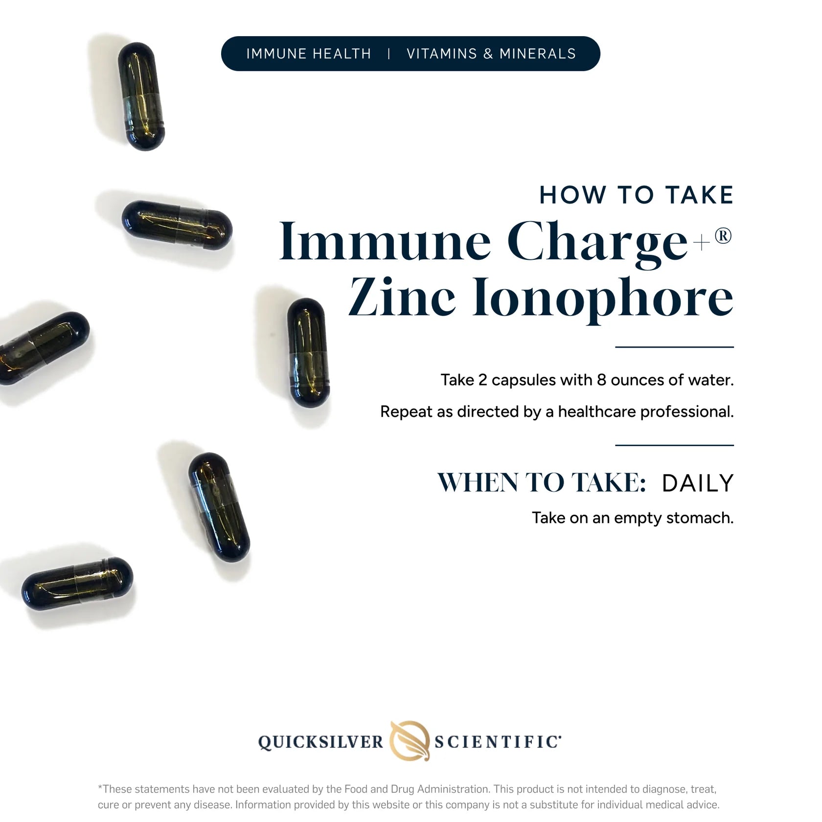 QUICKSILVER Immune Charge+® Zinc Ionophore 60 Capsules bottle showing label, packaging, and capsule count