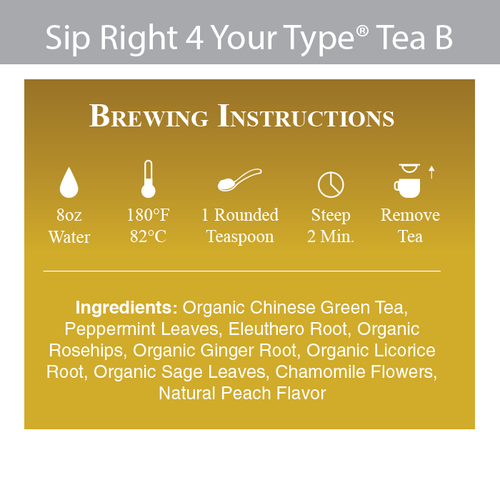 D’Adamo Personalized Nutrition Sip Right 4 Your Type Tea Blood Type B packaging displaying herbal blend and brewing instructions