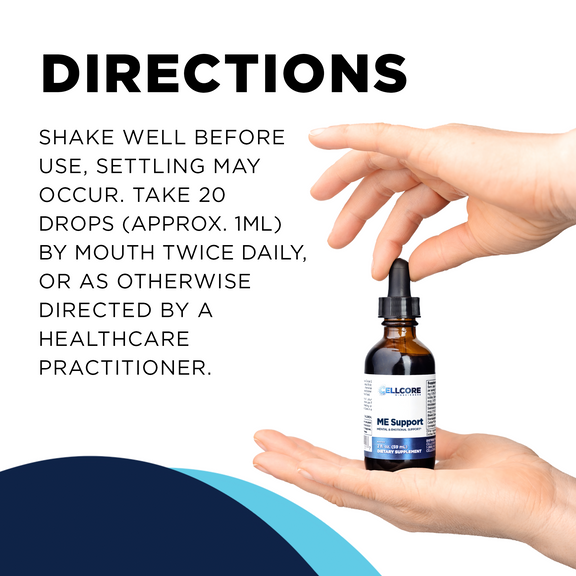 CellCore Biosciences ME Support label displaying mitochondrial support ingredients and recommended dosage