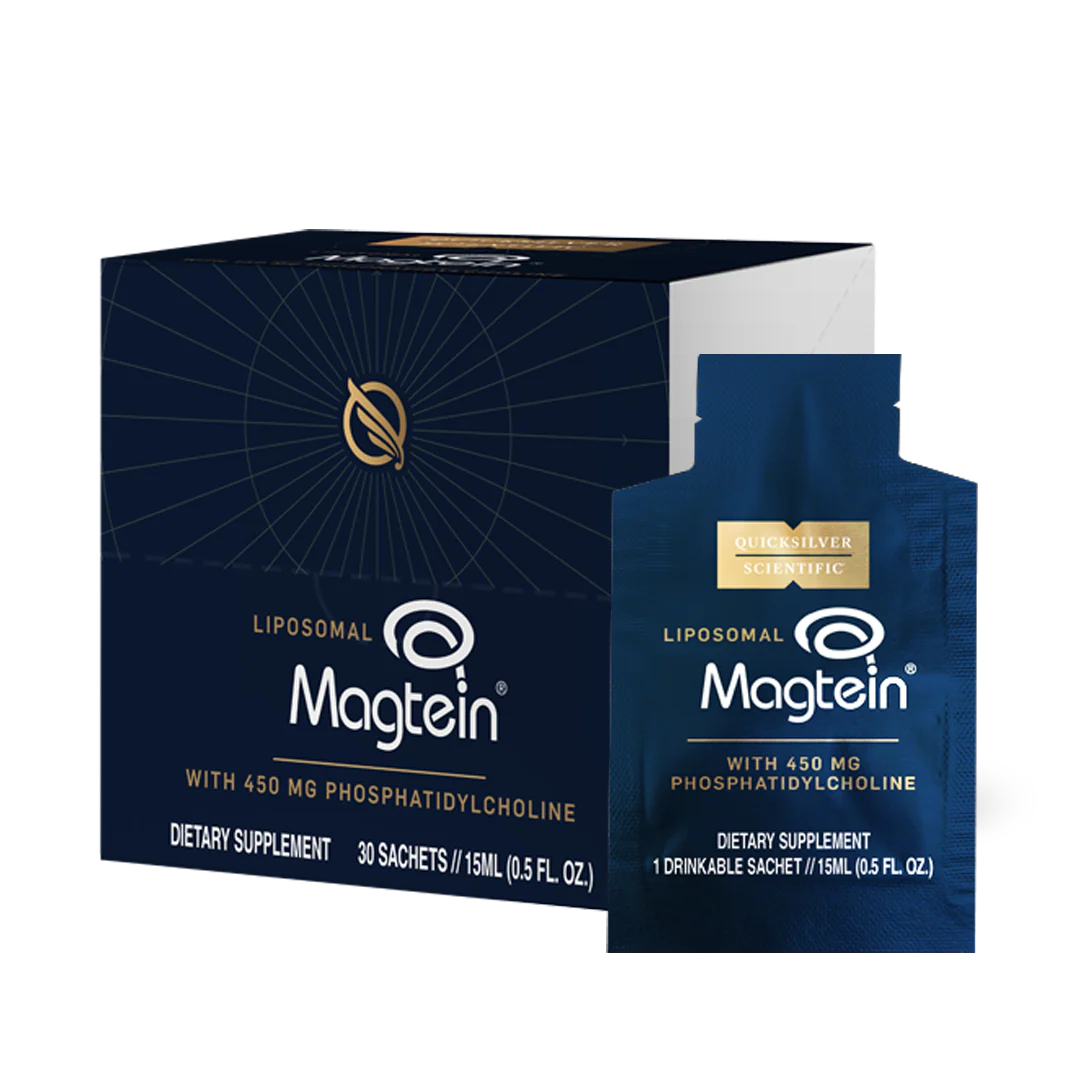 QUICKSILVER Liposomal Magtein® Sachets (Pack of 30) box showing magnesium brain-supporting supplement and dosage details