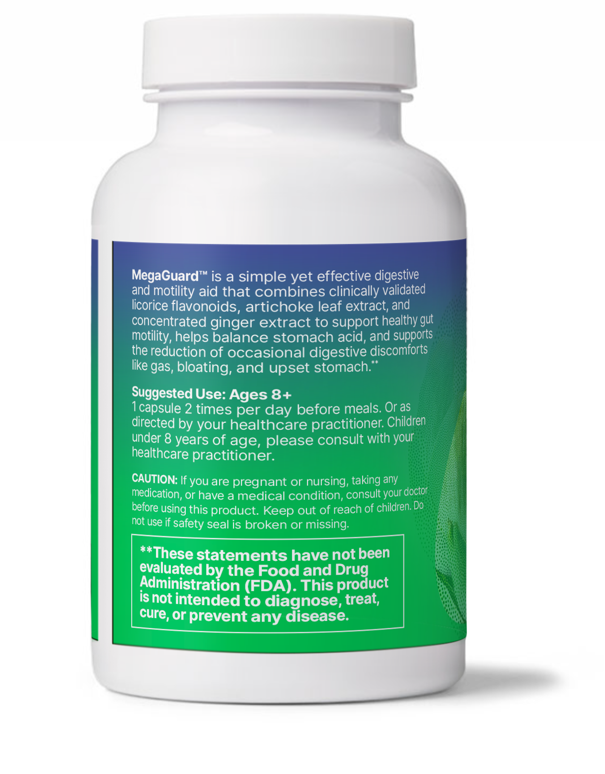Microbiome Labs MegaGuard label with probiotic & digestive enzyme details