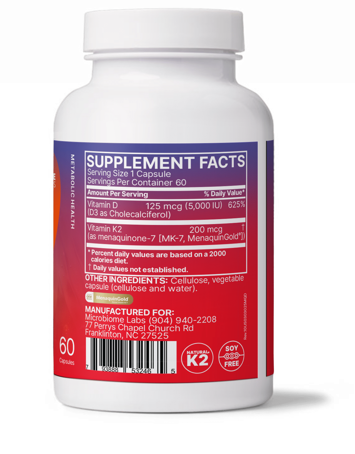 Microbiome Labs MegaQuin K2-D3 bottle showing branding and size